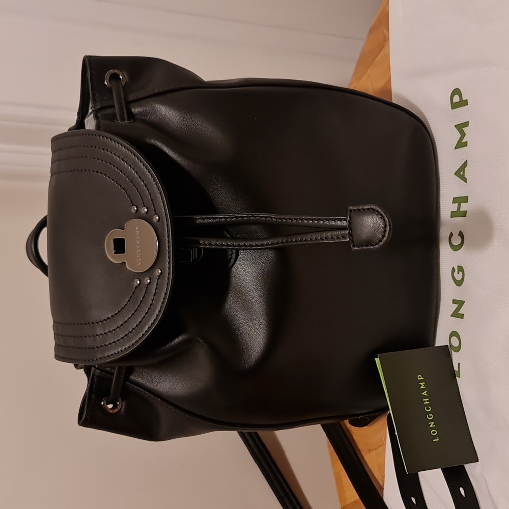 Longchamp Black Leather Adjustable Back Pack NWTS